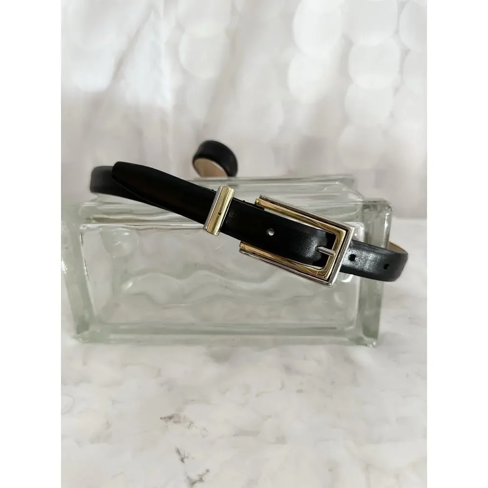 VTG Womens M Skinny Black Belt Genuine CALFSKIN Leather WMC MODERN Gold USA